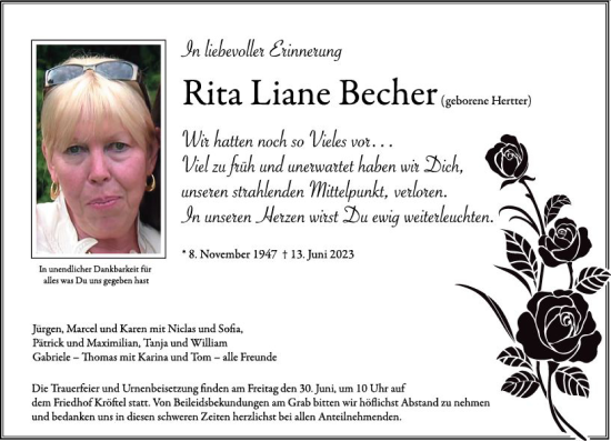 Traueranzeige von Rita Liane Becher von Idsteiner Land/Untertaunus
