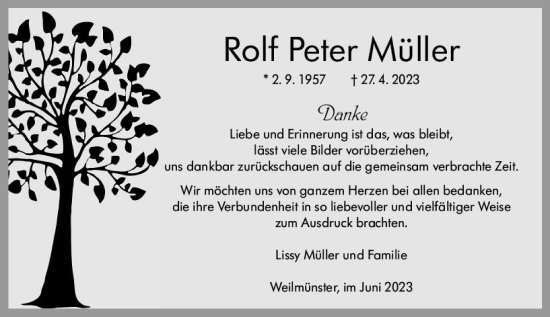 Traueranzeige von Rolf Peter Müller von Weilburger Tageblatt