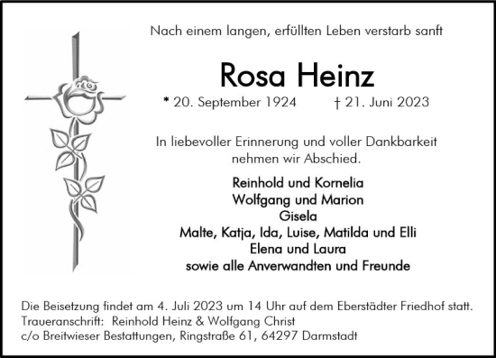 Traueranzeige von Rosa Heinz von Darmstädter Echo