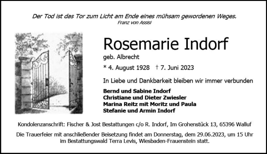 Traueranzeige von Rosemarie Indorf von Wiesbadener Kurier