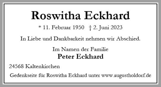 Traueranzeige von Roswitha Eckhard von Wetzlarer Neue Zeitung