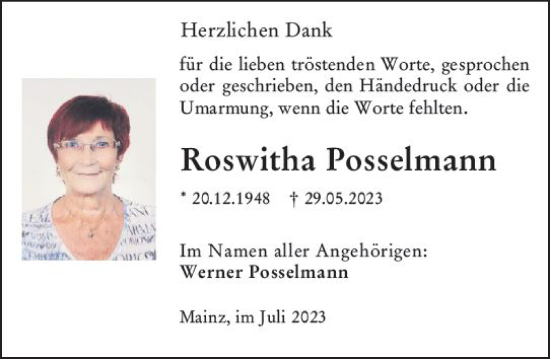 Traueranzeige von Roswitha Posselmann von Allgemeine Zeitung Mainz