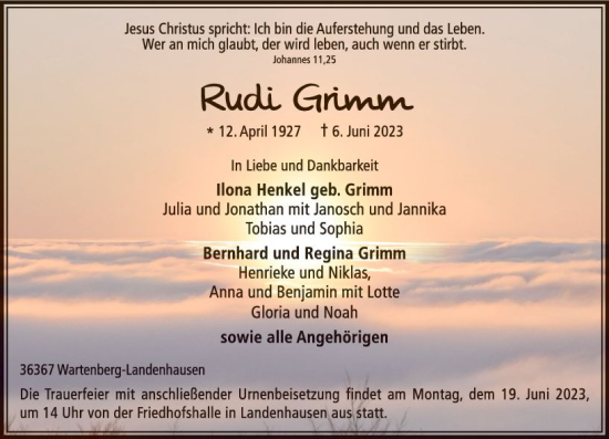 Traueranzeige von Rudolf Grimm von VRM Trauer