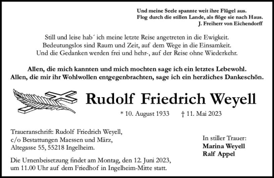 Traueranzeige von Rudolf Friedrich Weyell von Allgemeine Zeitung Bingen/Ingelheim