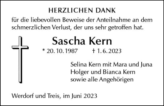 Traueranzeige von Sascha Kern von Wetzlarer Neue Zeitung