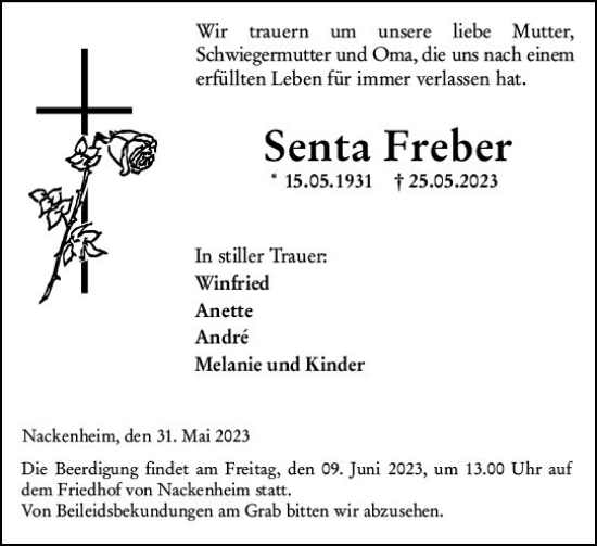 Traueranzeige von Senta Freber von Wiesbadener Kurier