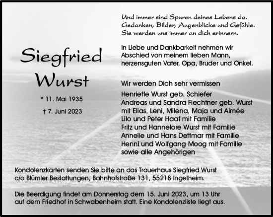 Traueranzeige von Siegfried Wurst von Allgemeine Zeitung Bingen/Ingelheim