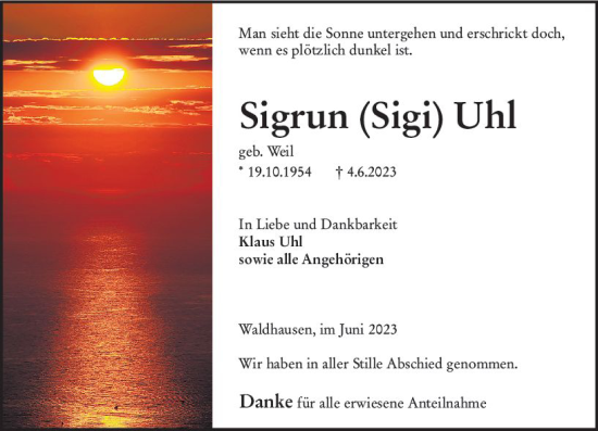 Traueranzeige von Sigrun Uhl von Weilburger Tageblatt