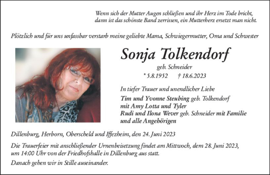 Traueranzeige von Sonja Tolkendorf von Dill Block