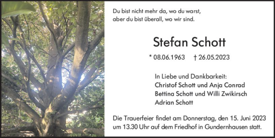 Traueranzeige von Stefan Schott von Darmstädter Echo