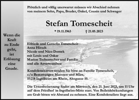 Traueranzeige von Stefan Tomescheit von Allgemeine Zeitung Bingen/Ingelheim