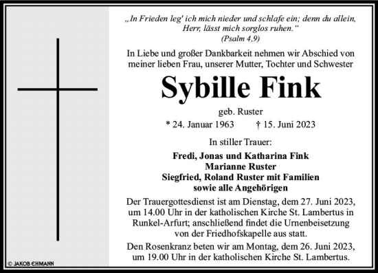 Traueranzeige von Sybille Fink von Nassauische Neue Presse