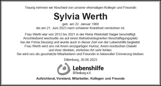 Traueranzeige von Sylvia Werth von Dill Block