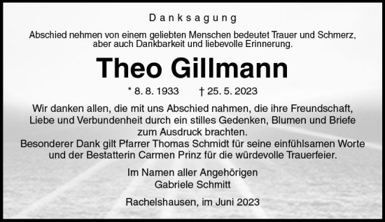 Traueranzeige von Theo Gillmann von Hinterländer Anzeiger