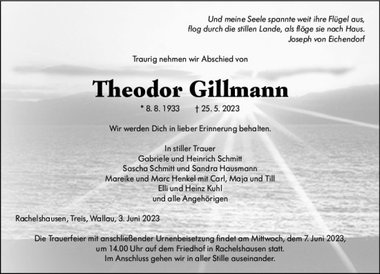 Traueranzeige von Theodor Gillmann von Hinterländer Anzeiger