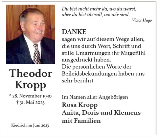 Traueranzeige von Theodor Kropp von Rheingau Kurier