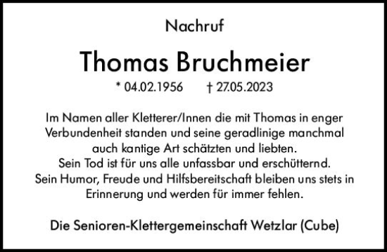 Traueranzeige von Thomas Bruchmeier von Weilburger Tageblatt