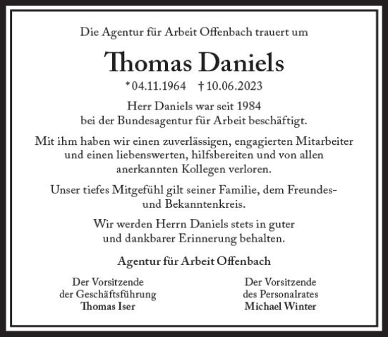 Traueranzeige von Thomas Daniels von Wiesbadener Kurier