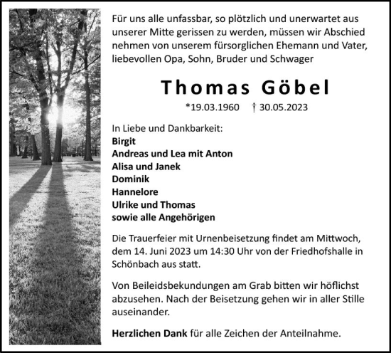 Traueranzeige von Thomas Göbel von Dill Block