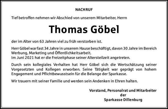 Traueranzeige von Thomas Göbel von Dill Block