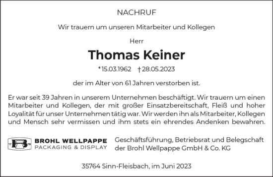 Traueranzeige von Thomas Keiner von Dill Block