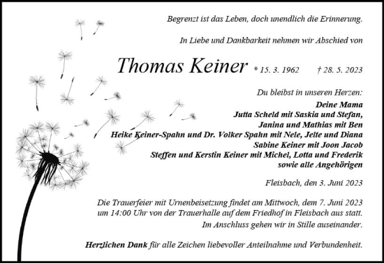 Traueranzeige von Thomas Keiner von Dill Block