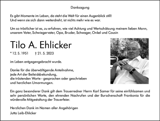 Traueranzeige von Tilo A. Ehlicker von Wetzlarer Neue Zeitung