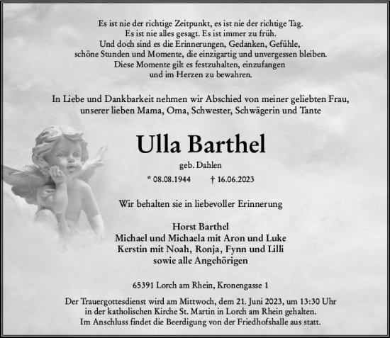 Traueranzeige von Ulla Barthel von Wiesbadener Kurier