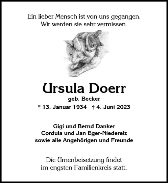 Traueranzeige von Ursula Doerr von Wiesbadener Kurier