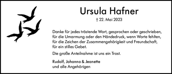 Traueranzeige von Ursula Hafner von Bergsträßer Anzeiger