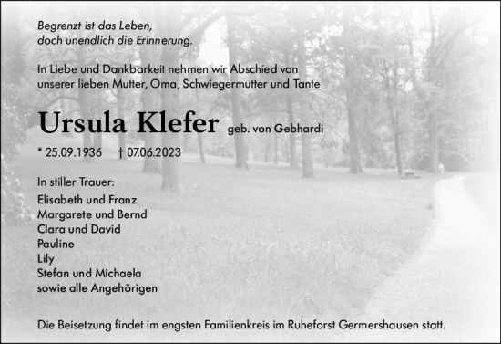 Traueranzeige von Ursula Klefer von Hinterländer Anzeiger