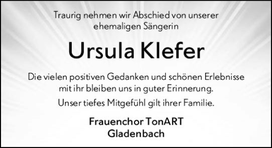 Traueranzeige von Ursula Klefer von Hinterländer Anzeiger