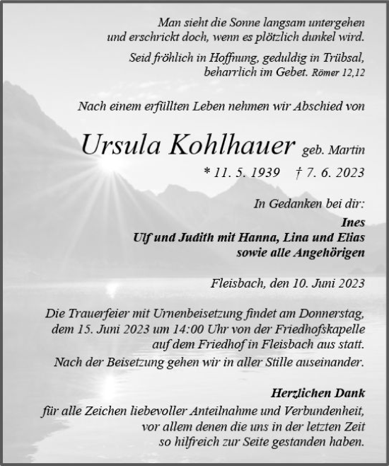 Traueranzeige von Ursula Kohlhauer von Dill Block