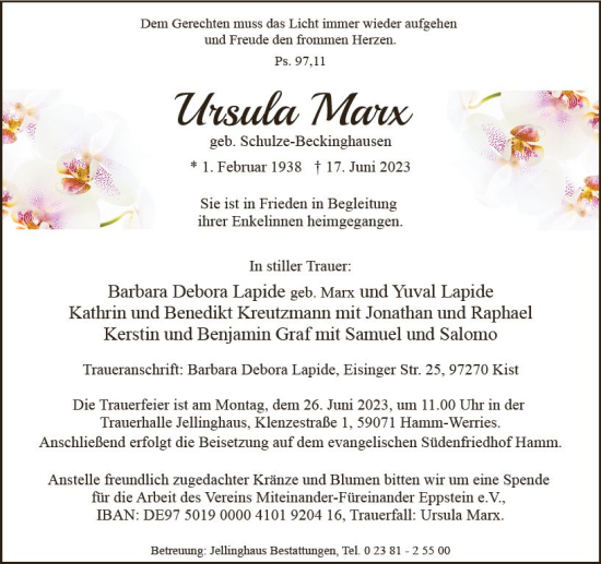 Traueranzeige von Ursula Marx von Wiesbadener Kurier