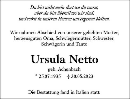 Traueranzeige von Ursula Netto von Hinterländer Anzeiger