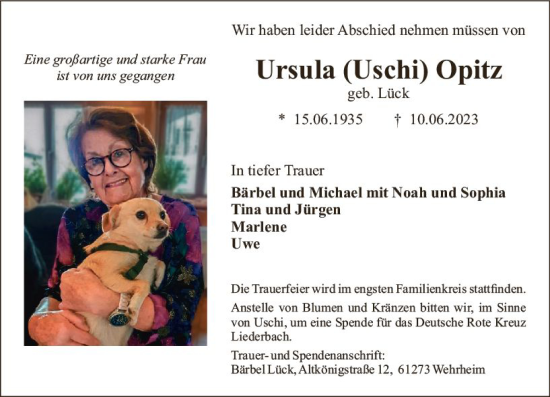 Traueranzeige von Ursula  Opitz von Wiesbadener Kurier