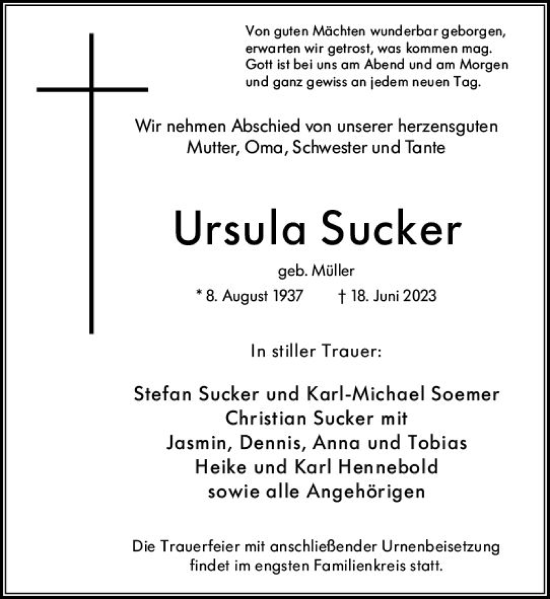 Traueranzeige von Ursula Sucker von Wiesbadener Kurier