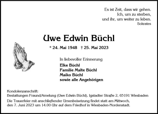 Traueranzeige von Uwe Edwin Büchl von Wiesbadener Kurier