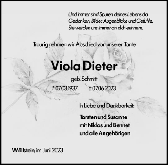 Traueranzeige von Viola Dieter von Alzeyer Wochenblatt