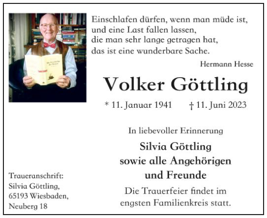 Traueranzeige von Volker Göttling von Wiesbadener Kurier
