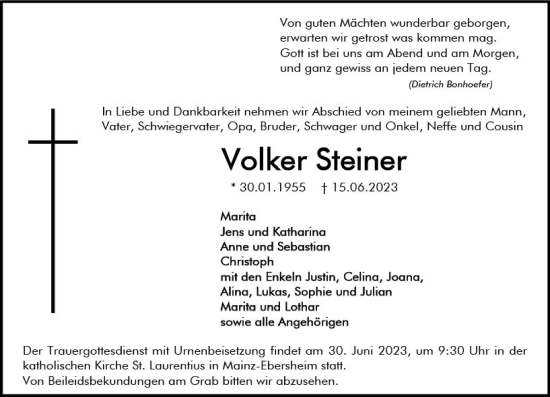 Traueranzeige von Volker Steiner von Allgemeine Zeitung Mainz