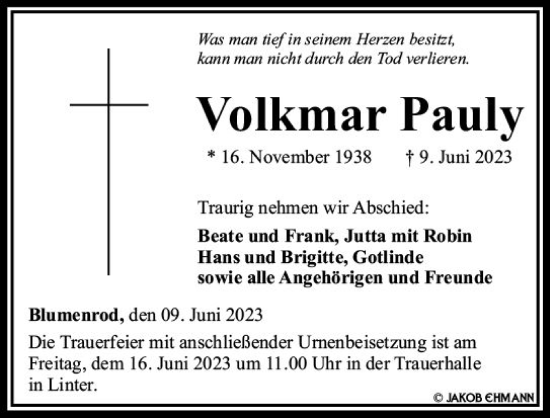 Traueranzeige von Volkmar Pauly von Nassauische Neue Presse