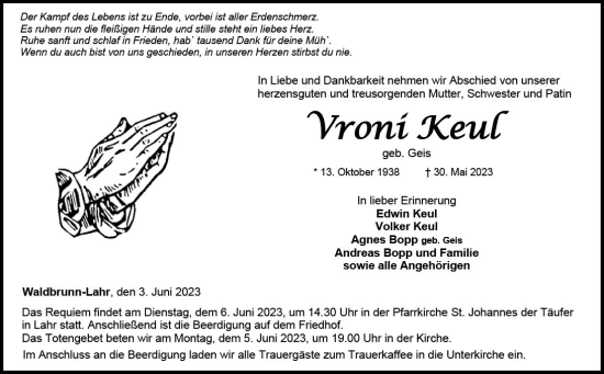 Traueranzeige von Vroni Keul von Weilburger Tageblatt