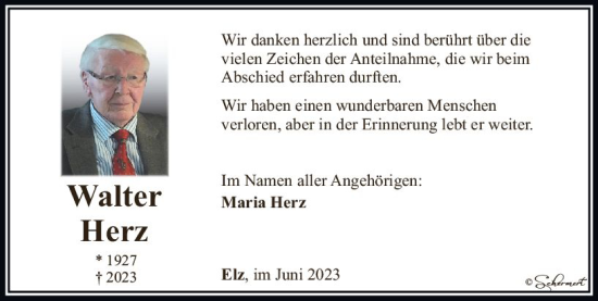 Traueranzeige von Walter Herz von Nassauische Neue Presse