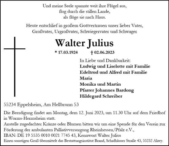 Traueranzeige von Walter Julius von Allgemeine Zeitung Alzey