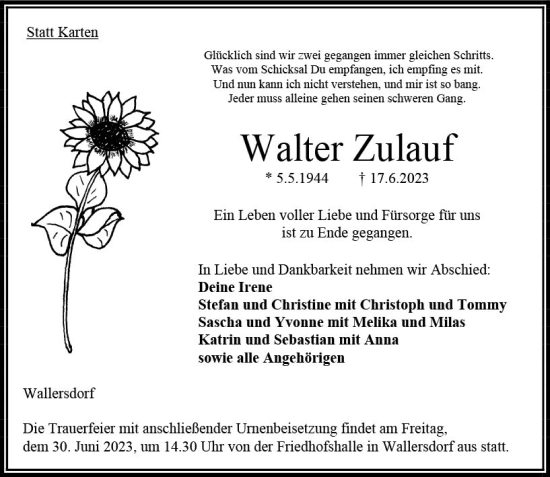 Traueranzeige von Walter Zulauf von VRM Trauer