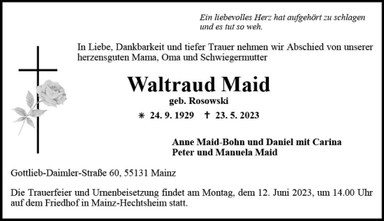 Traueranzeige von Waltraud Maid von Allgemeine Zeitung Mainz