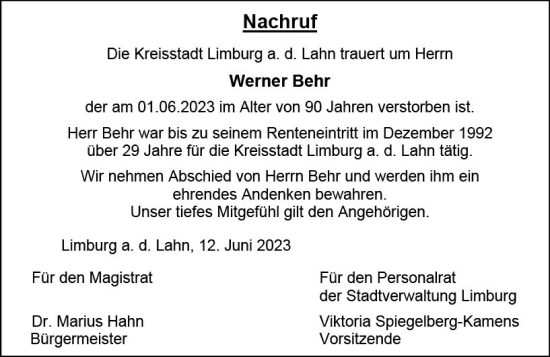 Traueranzeige von Werner Behr von Nassauische Neue Presse
