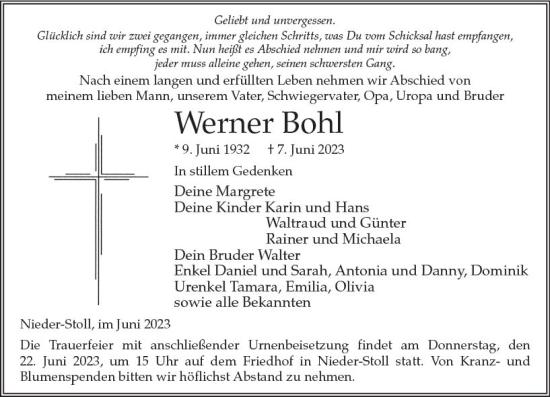 Traueranzeige von Werner Bohl von VRM Trauer