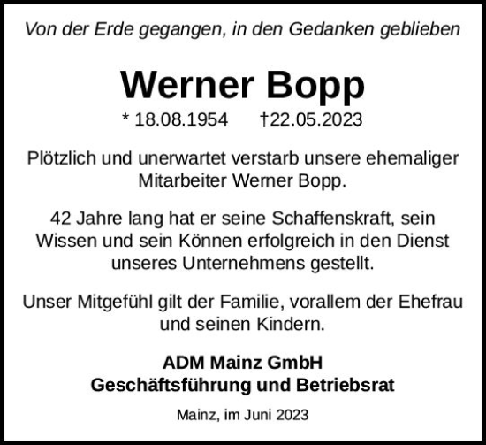 Traueranzeige von Werner Bopp von Allgemeine Zeitung Alzey